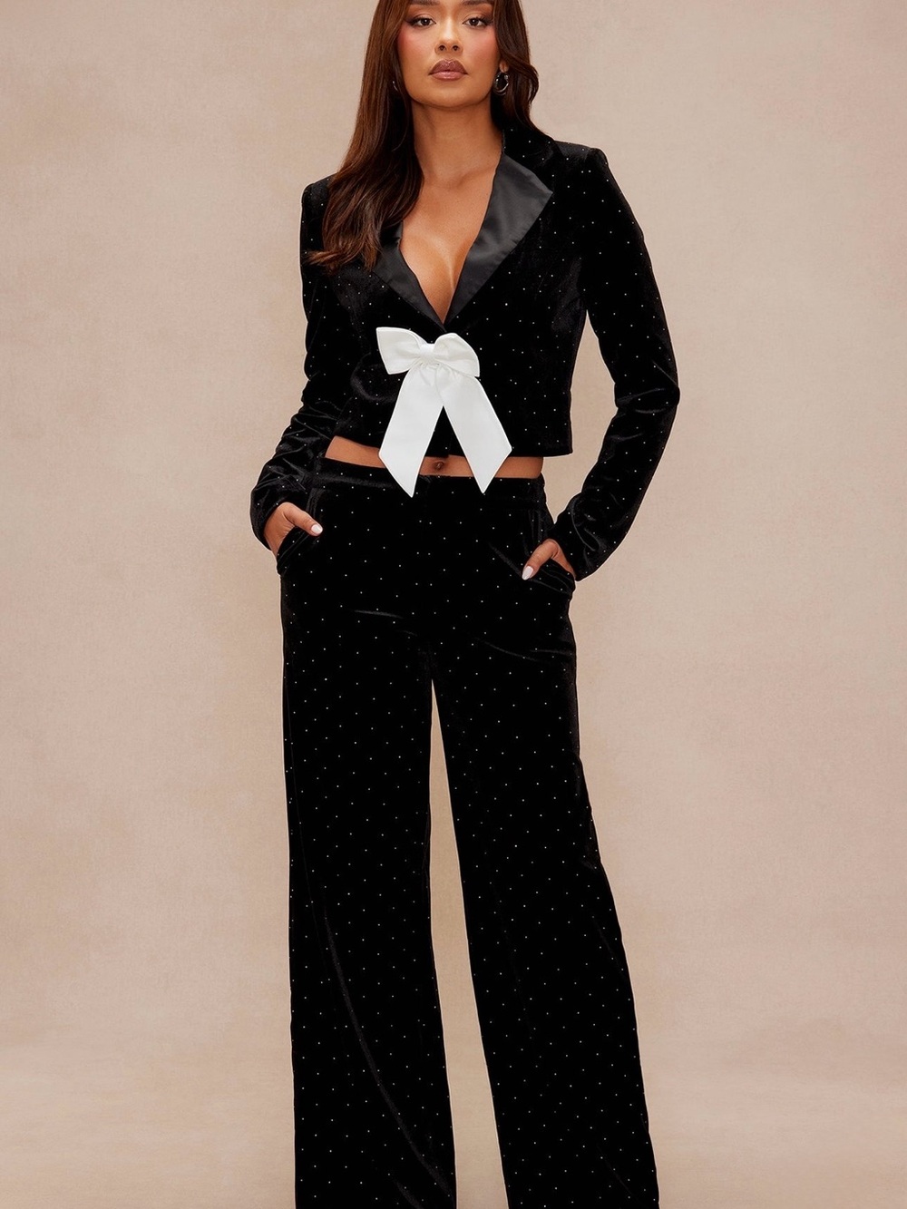 Fashion Nova Black Velvet Two-Piece Jumpsuit NO White Bow